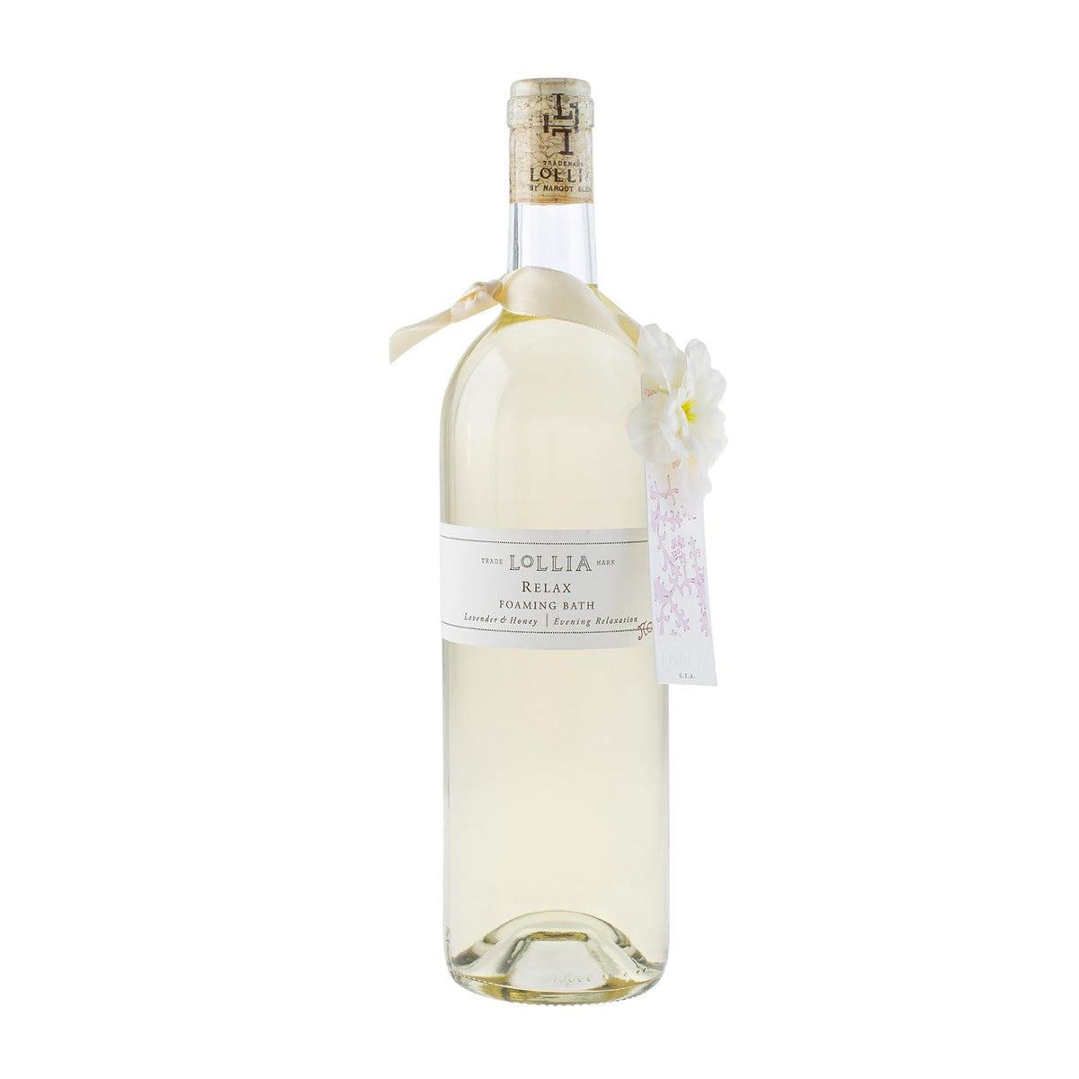 LOLLIA Relax Bubble Bath lavender honey bottle illustrates a calming soak.