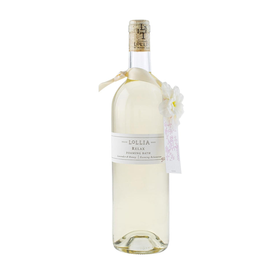 LOLLIA Relax Bubble Bath lavender honey bottle illustrates a calming soak.