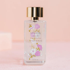 LOLLIA Relax closeup shows lavender and honey notes for a soothing aura.