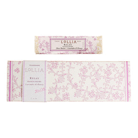 LOLLIA Relax travel-size handcreme in 0.33 oz for on-the-go hydration.