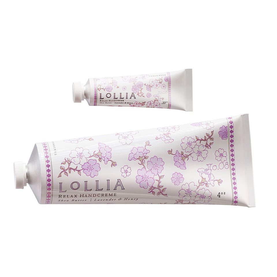 LOLLIA Relax handcreme 4oz bottle delivers quick hydration for daily use.