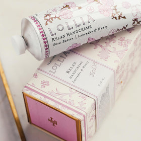 LOLLIA Relax Handcreme shea-cocoa butter blend locks in moisture.