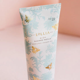 LOLLIA Wish Shower Gel rich lather highlighting Shea Moisture blend for a pampering cleanse.