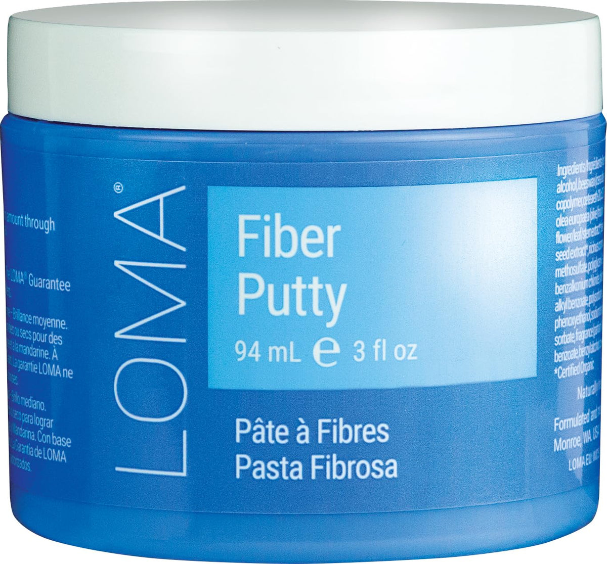Loma Fiber Putty bottle and cap glistening, offering flexible hold for textured styles.
