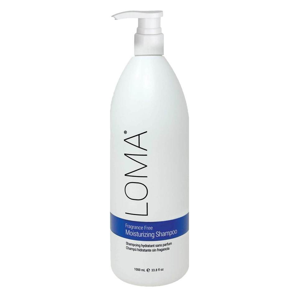 Loma Fragrance Free Moisturizing Shampoo bottle showcases gentle hydration for all hair types.
