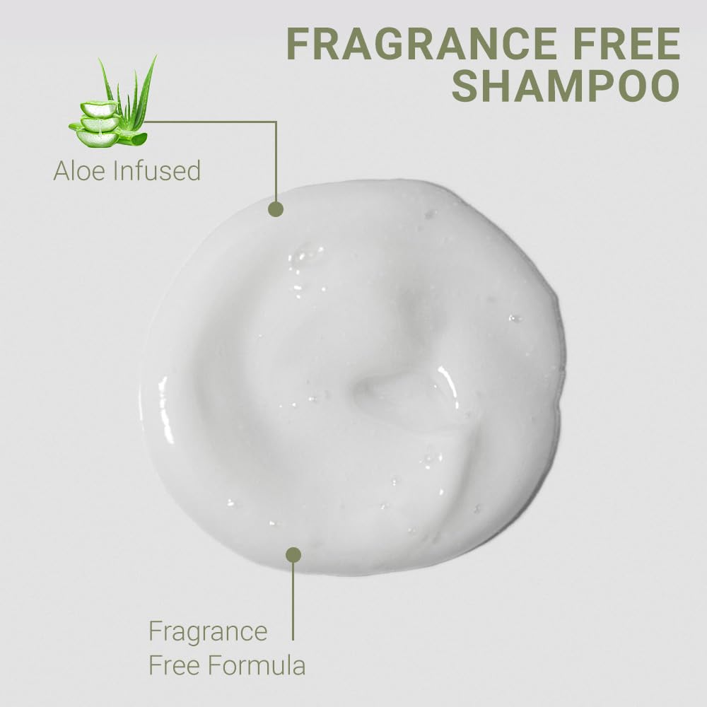 Loma Fragrance Free Moisturizing Shampoo label closeup highlights fragrance-free formula for sensitive scalps.
