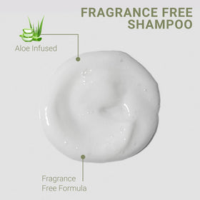 Loma Fragrance Free Moisturizing Shampoo label closeup highlights fragrance-free formula for sensitive scalps.