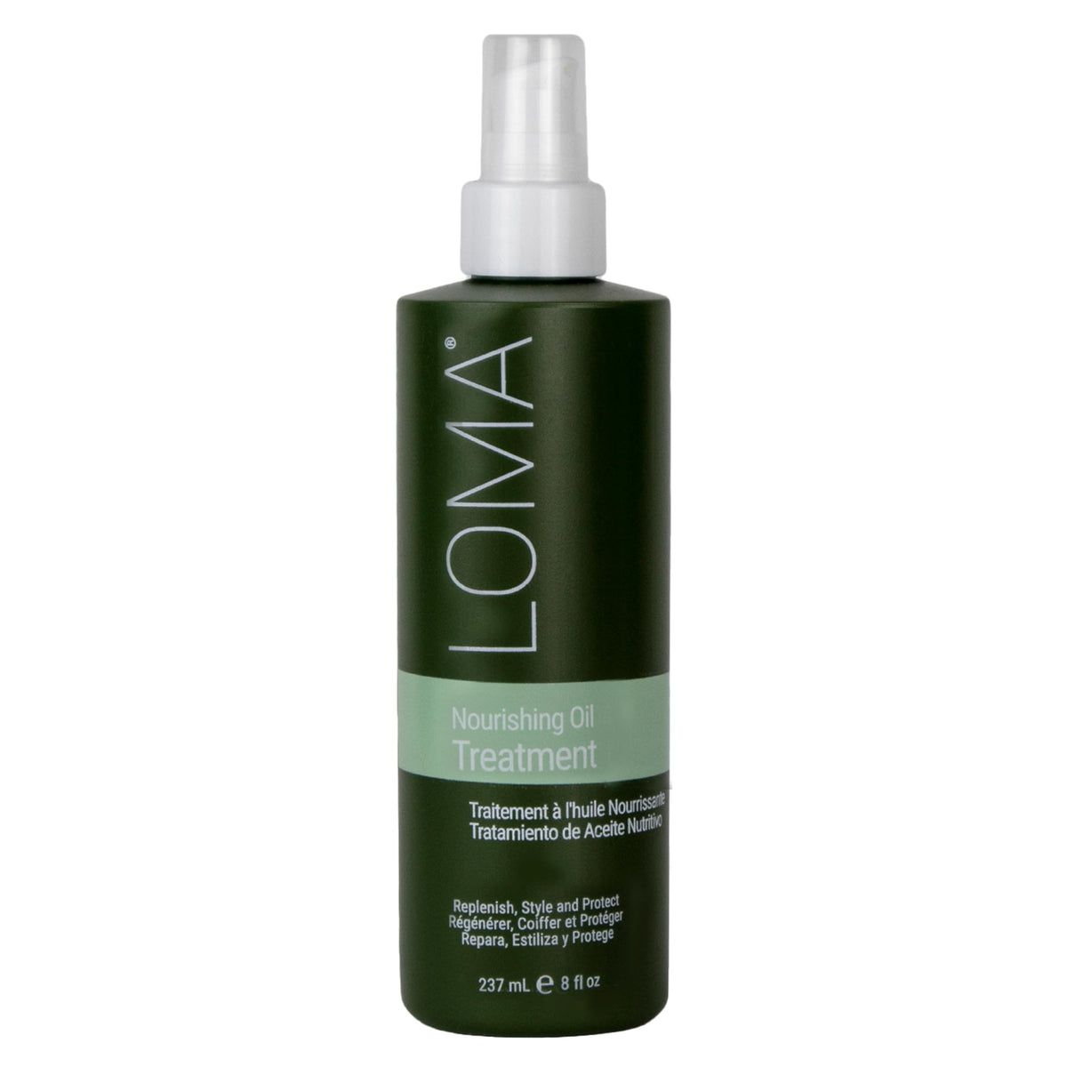 LOMA Nourishing Oil Treatment bottle showcasing heat protection and shine.