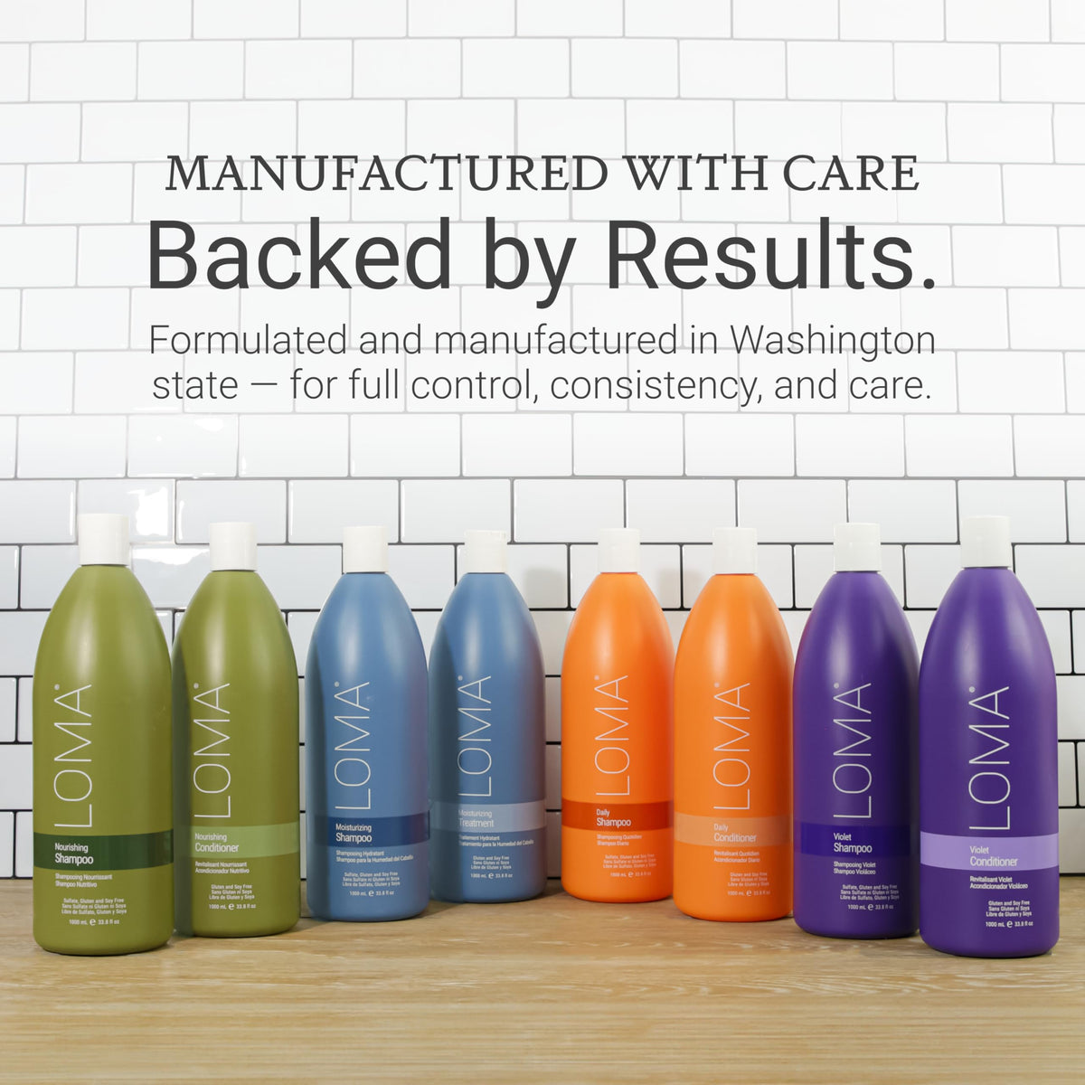 Loma Violet bottles on bathroom counter for daily routine