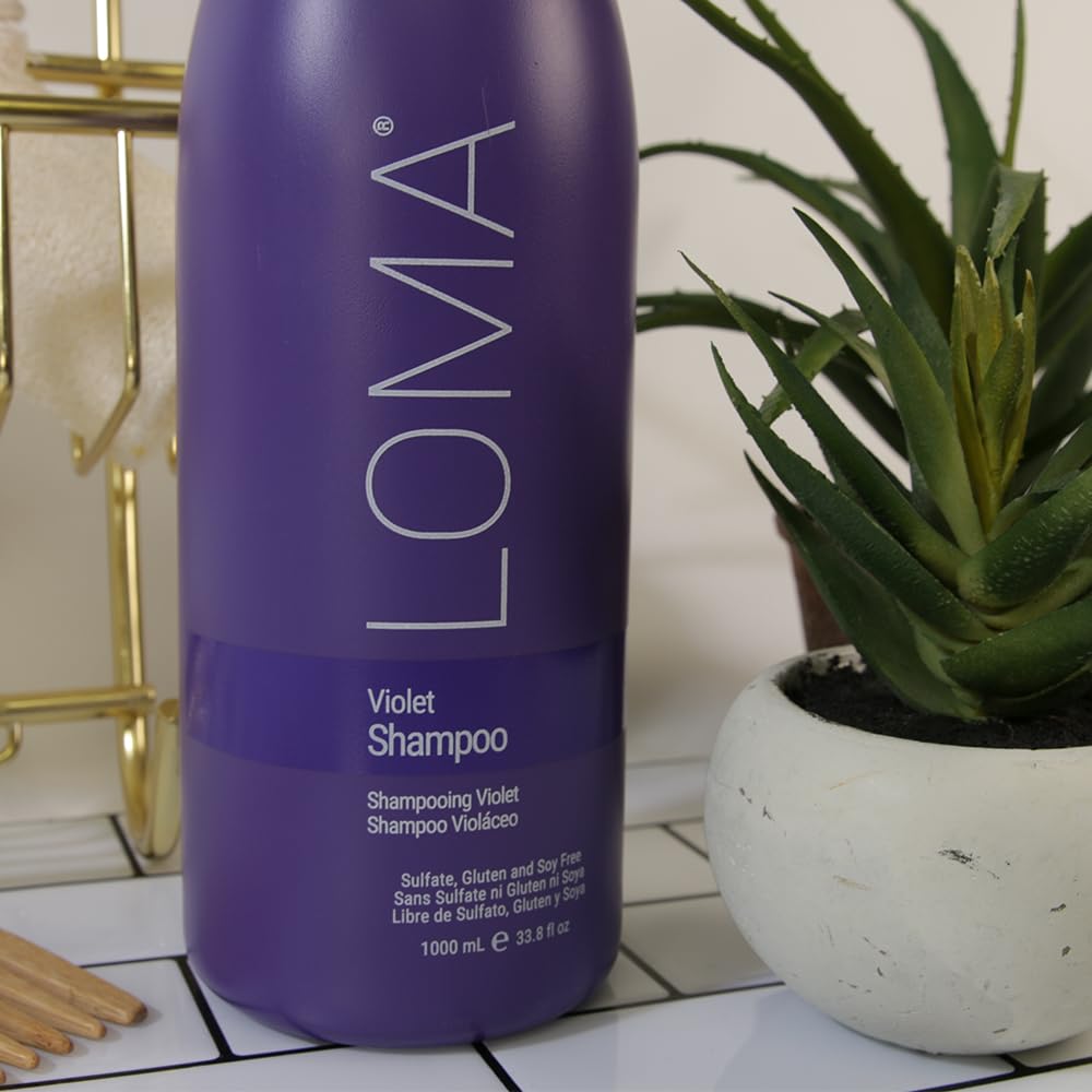Loma Violet Shampoo label close-up noting paraben- and sulfate-free formula.