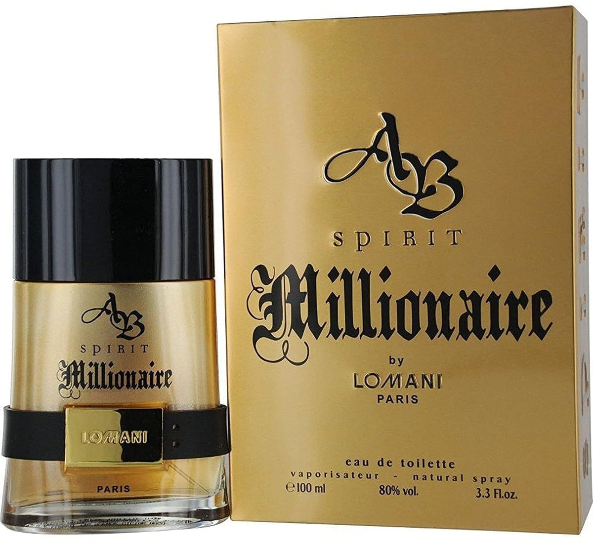 Lomani Ab Spirit Millionaire Gold bottle front view highlighting premium packaging.