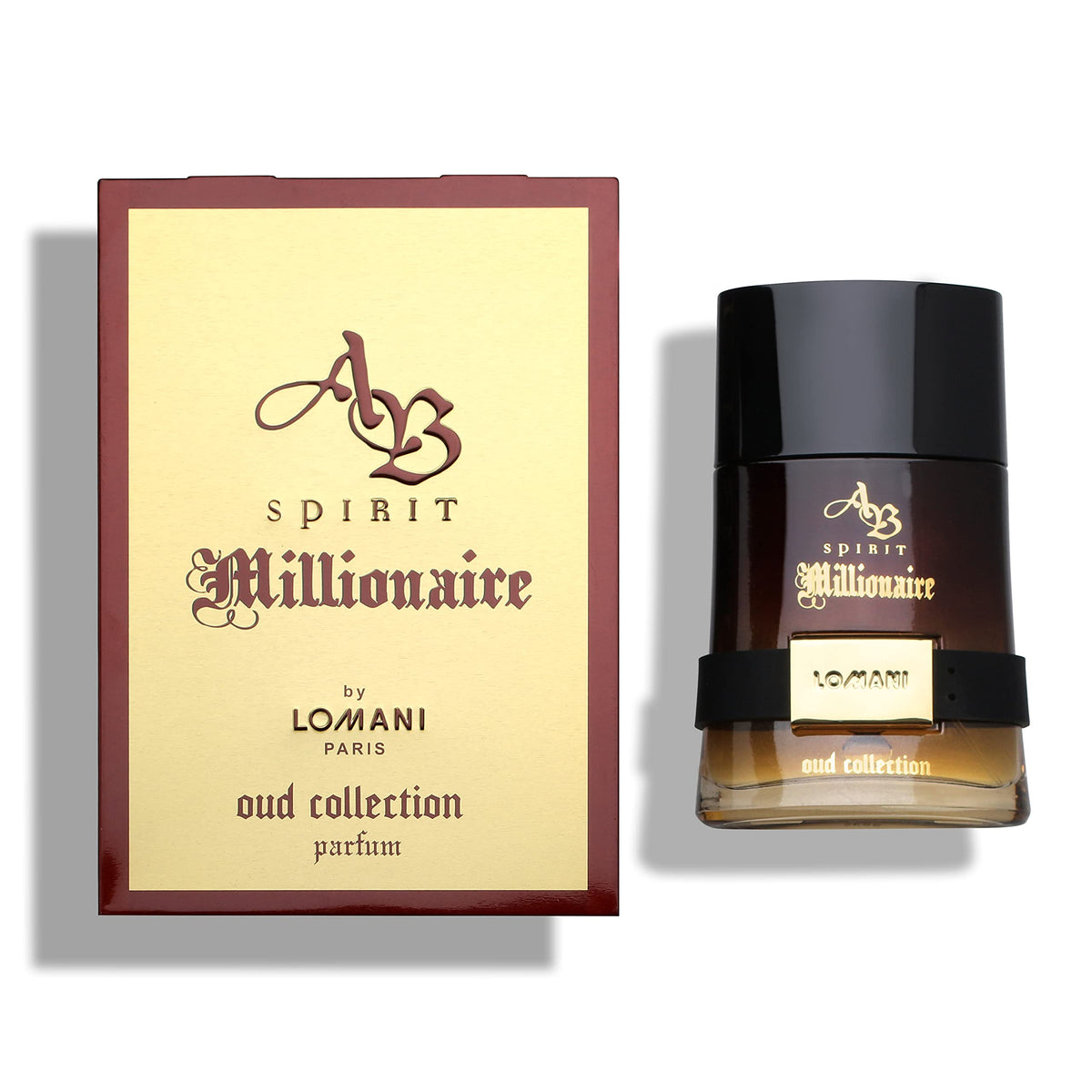Lomani AB Spirit Millionaire Oud bottle on display for formal evenings.