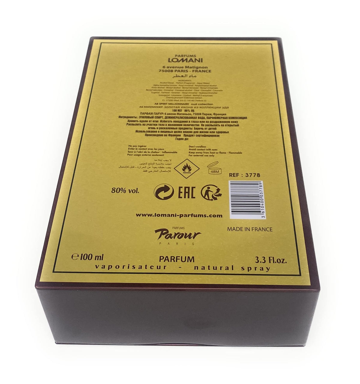 Lomani AB Spirit Millionaire Oud on shelf exudes sophisticated appeal.