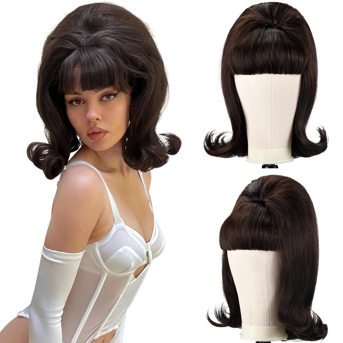 LONAI Retro Brown Wig front view shows 60s/70s silhouette for cosplay and parties