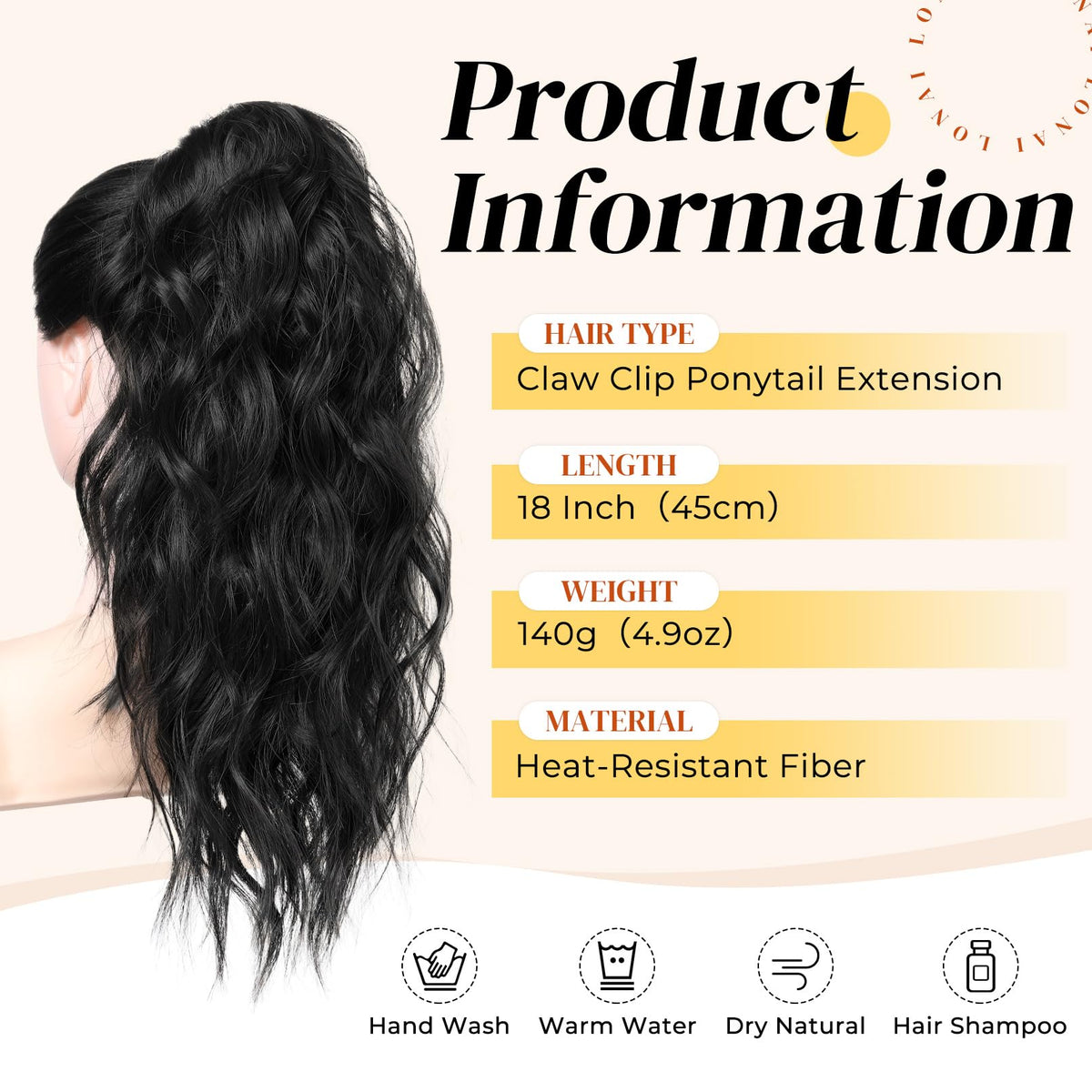 Lonai shoulder-length curls ponytail extension secures with claw clip for quick glam.
