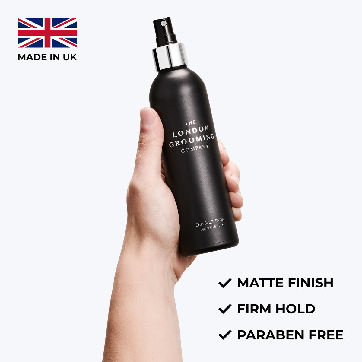 Firm hold from The London Grooming Company Sea Salt Spray without stiffness.