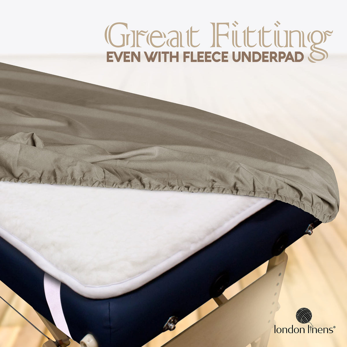 LONDON LINENS elastic-fit massage-table cover stays in place during sessions.