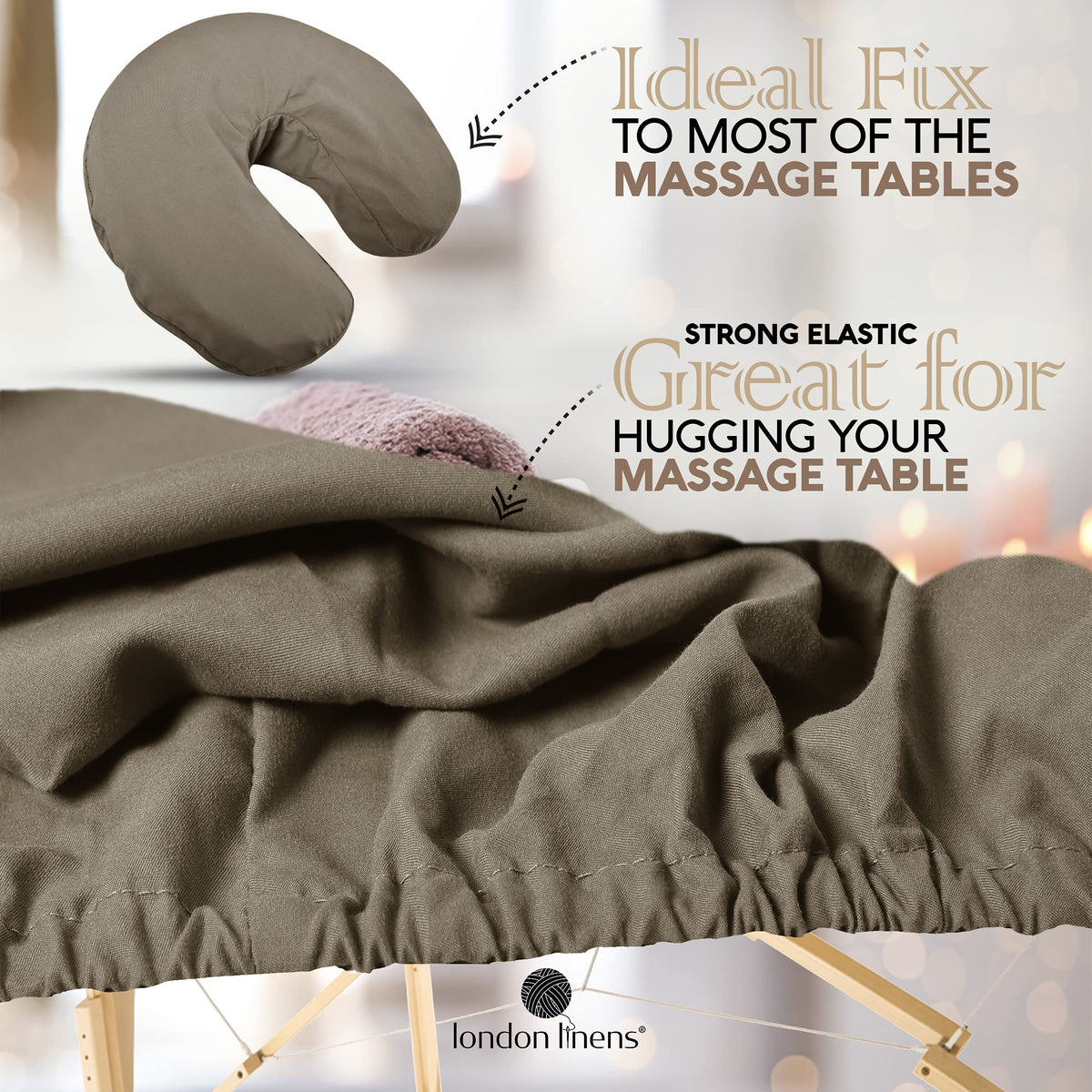 LONDON LINENS face rest cover in walnut keeps crescent cradle clean.