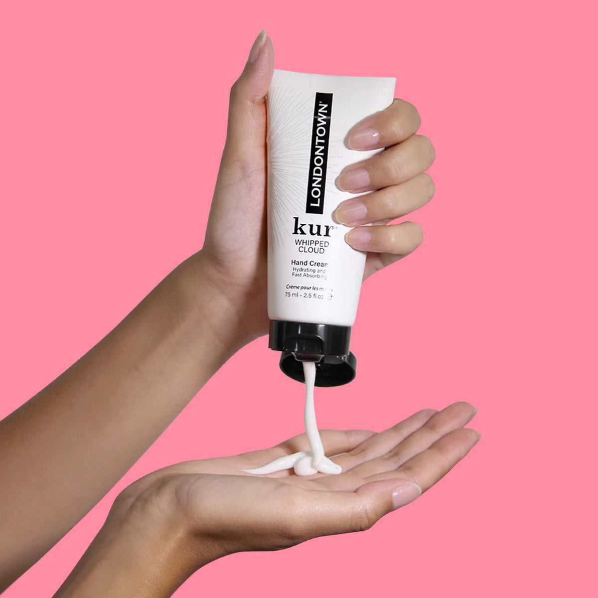 LONDONTOWN hand cream texture image, rich hydration with coconut-vanilla scent.
