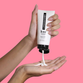 LONDONTOWN hand cream texture image, rich hydration with coconut-vanilla scent.