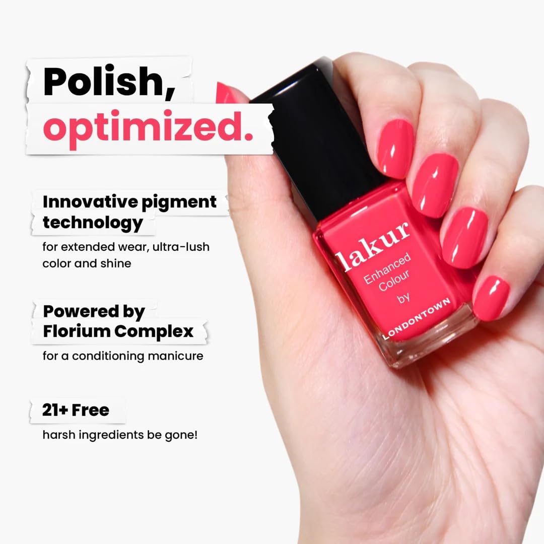 LONDONTOWN Lakur gel-like shine finish on nails for luxe gloss.
