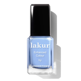 LONDONTOWN Lakur Amalfi Love blue polish bottle showing glossy finish and vegan formula.