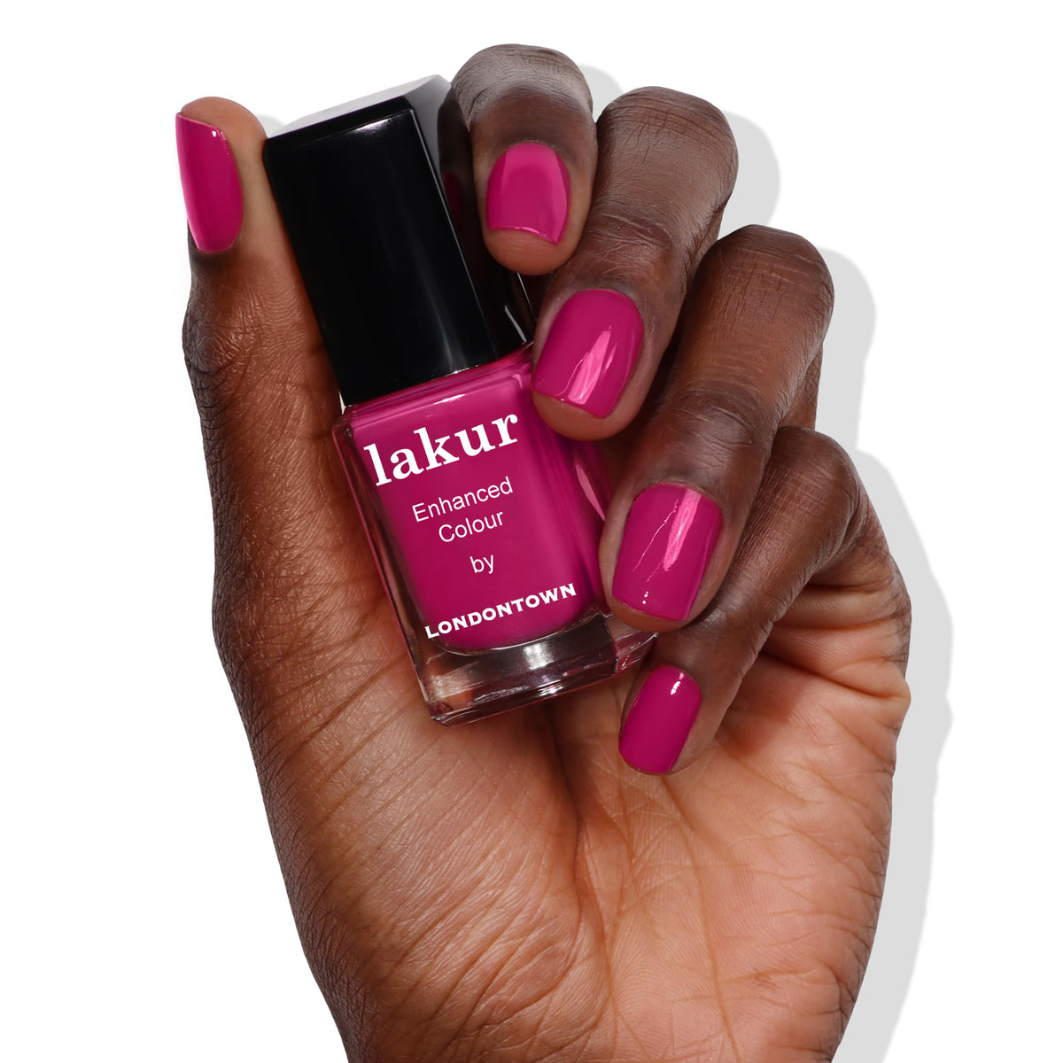 LONDONTOWN Lakur polish bottle close-up in purple-pink hues for vibrant color