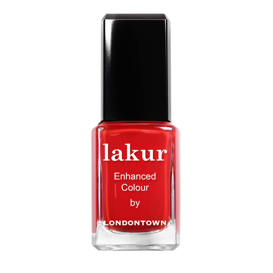 LONDONTOWN Lakur red nail polish bottle delivers bold color for statement nails.