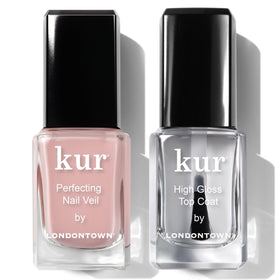 LONDONTOWN Tint and Shine Set with Perfecting Nail Veil in Dusty Rose on nails for a sheer, conditioning color.