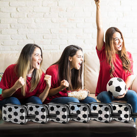 Lonfliness soccer cosmetic bag size 7.2 by 5.5 inches; compact storage.
