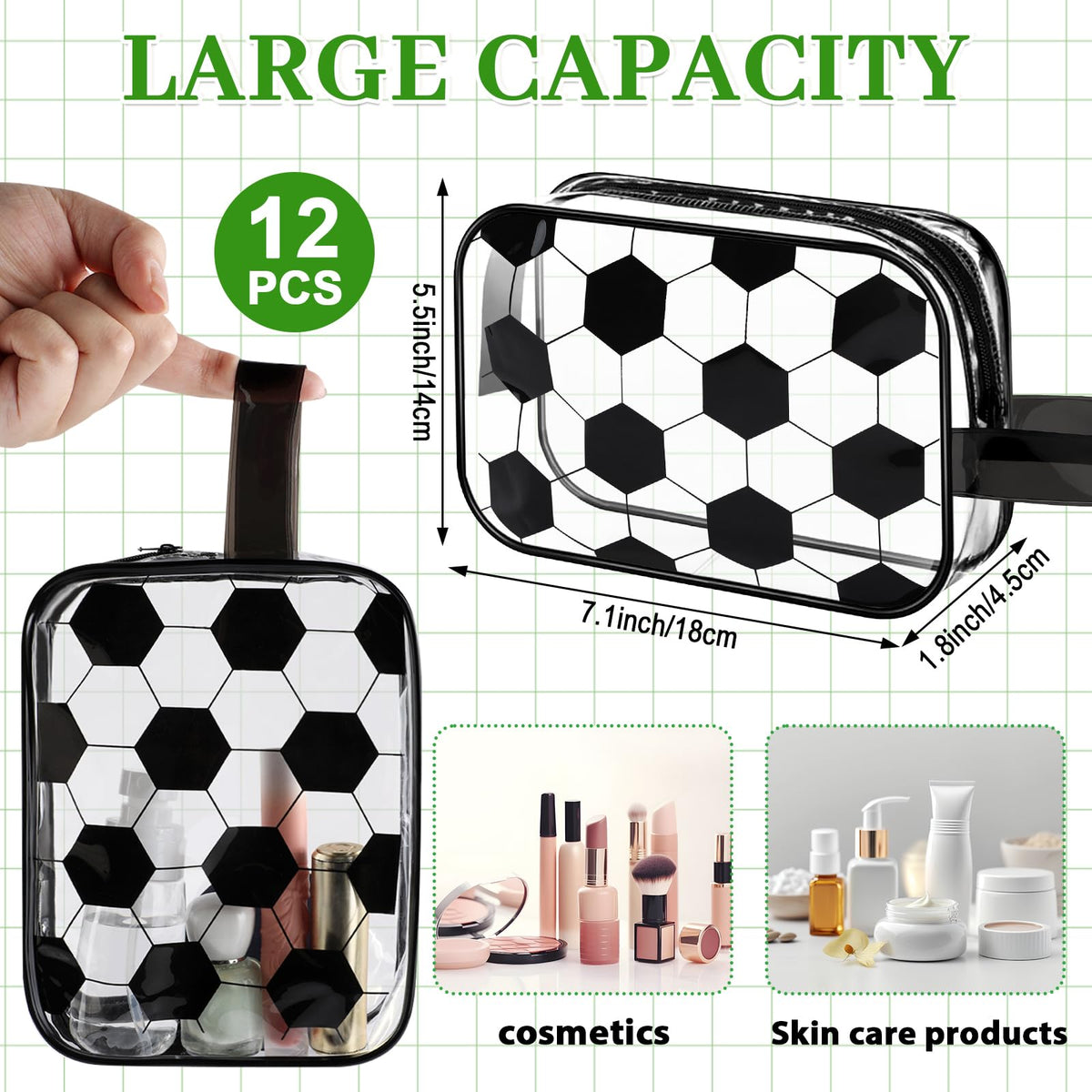 Lonfliness soccer cosmetic bag transparent design; quick content spotting during travel.