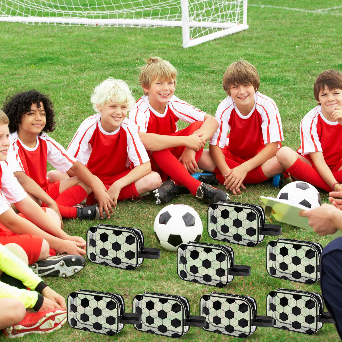 Lonfliness soccer cosmetic bag waterproof PVC material; durable and easy to wipe.