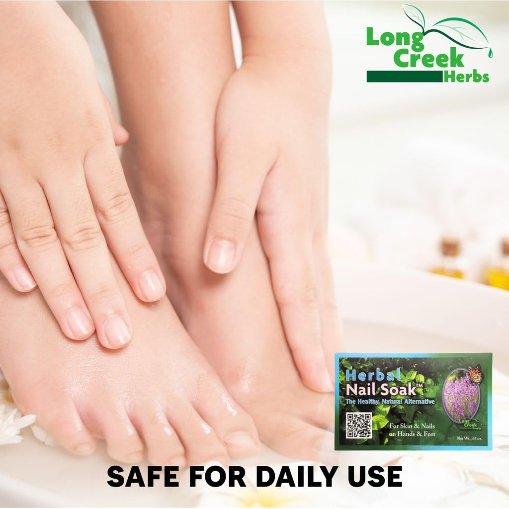 Feet soaking scene with Long Creek Herbs Nail Soak for soft, hydrated skin.