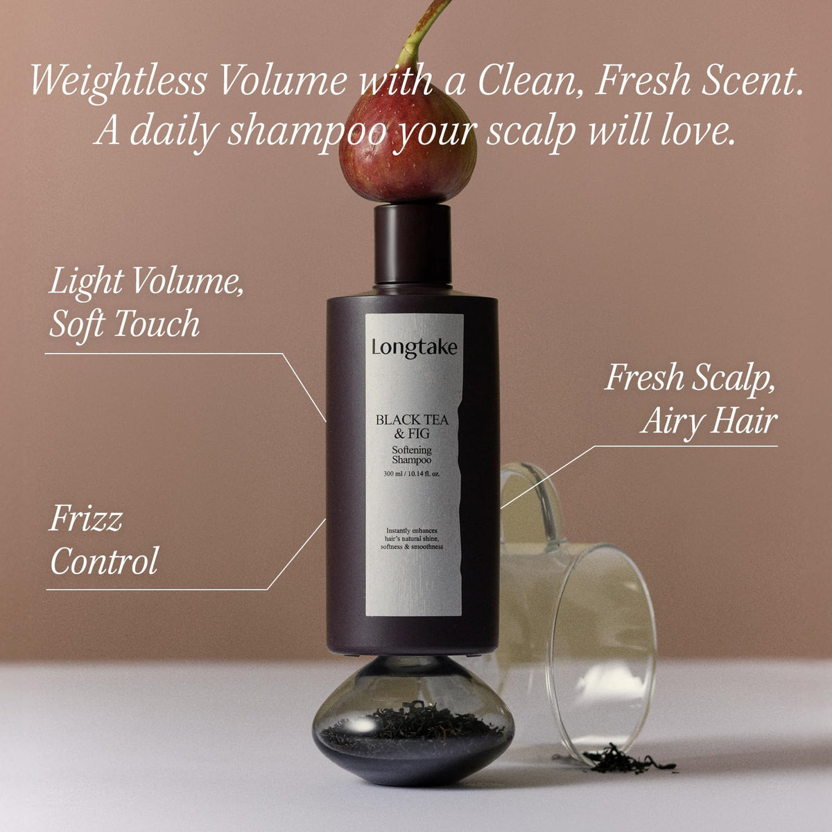 Longtake Korean shampoo ingredients close-up highlights peptides and ceramides for scalp care.