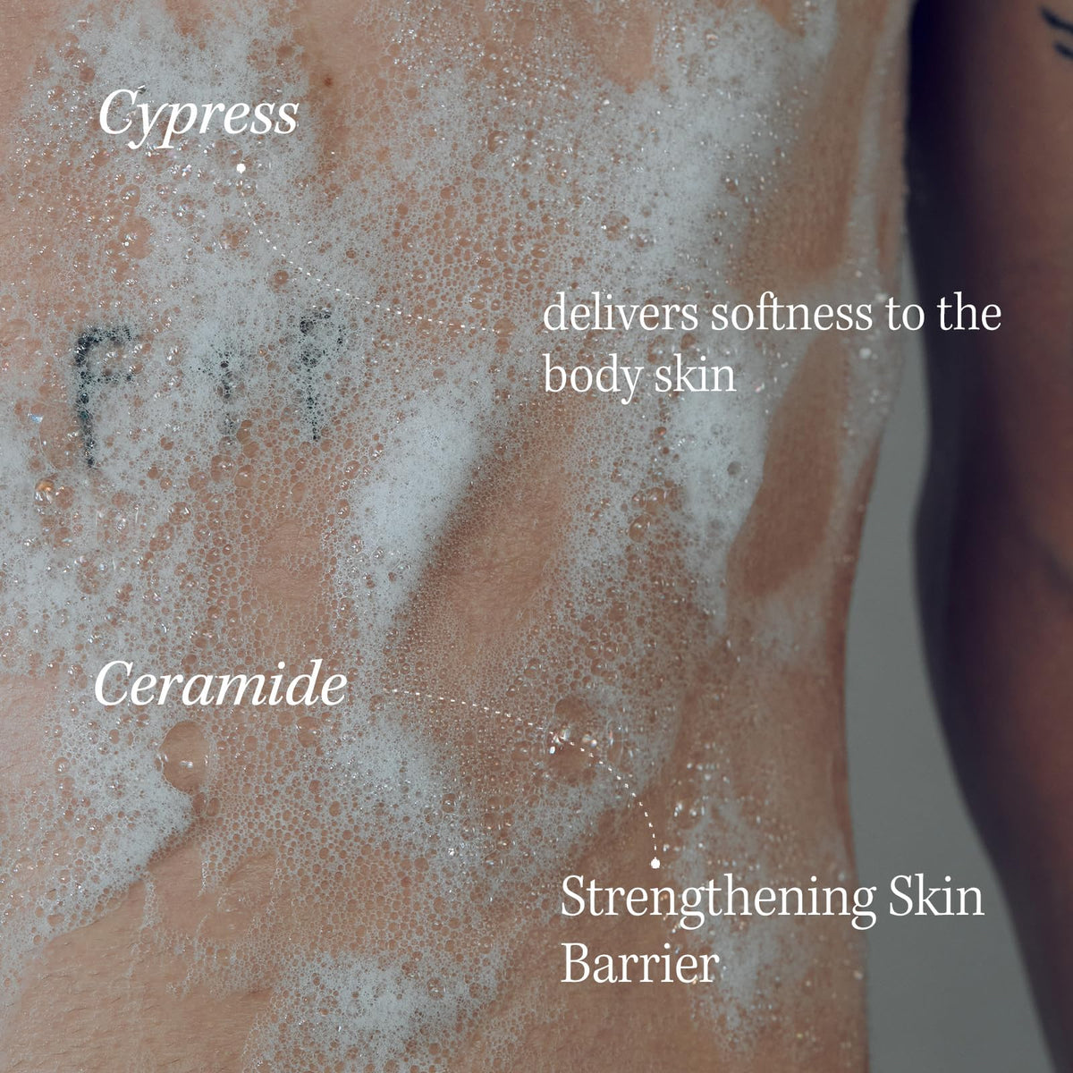 LONGTAKE bottle closeup highlights luxurious sandalwood scent and smooth skin feel.