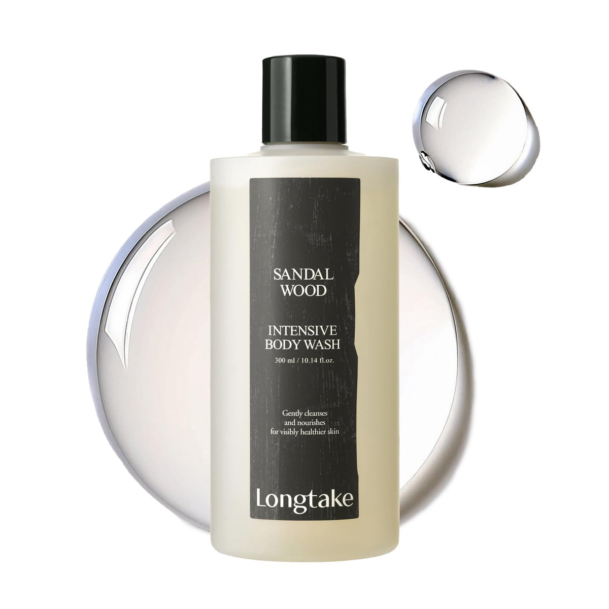 LONGTAKE Sandalwood intensive perfume body wash bottle pour delivers rich lather for daily cleansing.