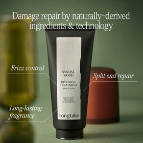 LONGTAKE sandalwood treatment applies smoothly on wet hair for conditioning.