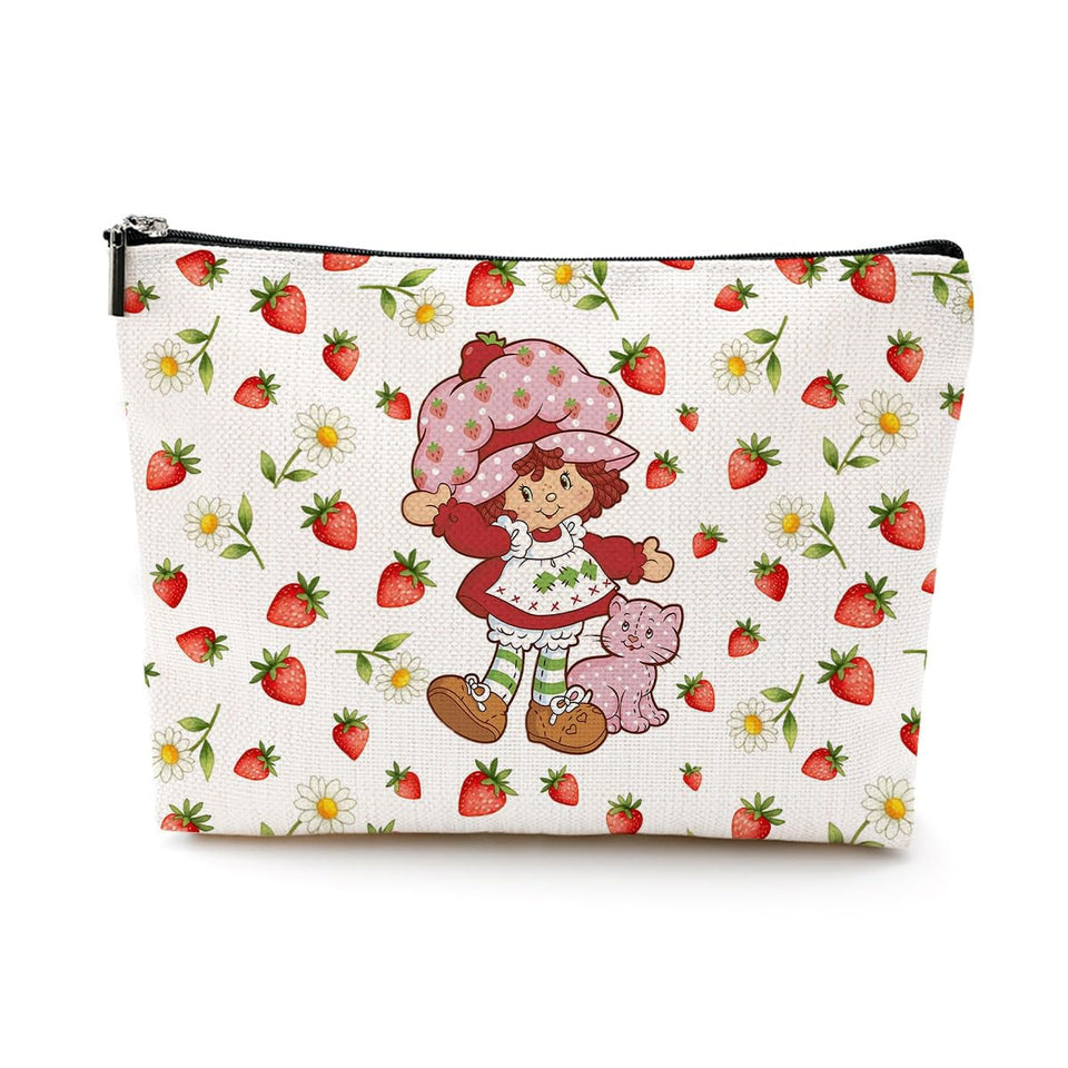 LongXIN Strawberry cosmetic bag front view shows vibrant print, ideal gift-ready travel accessory.
