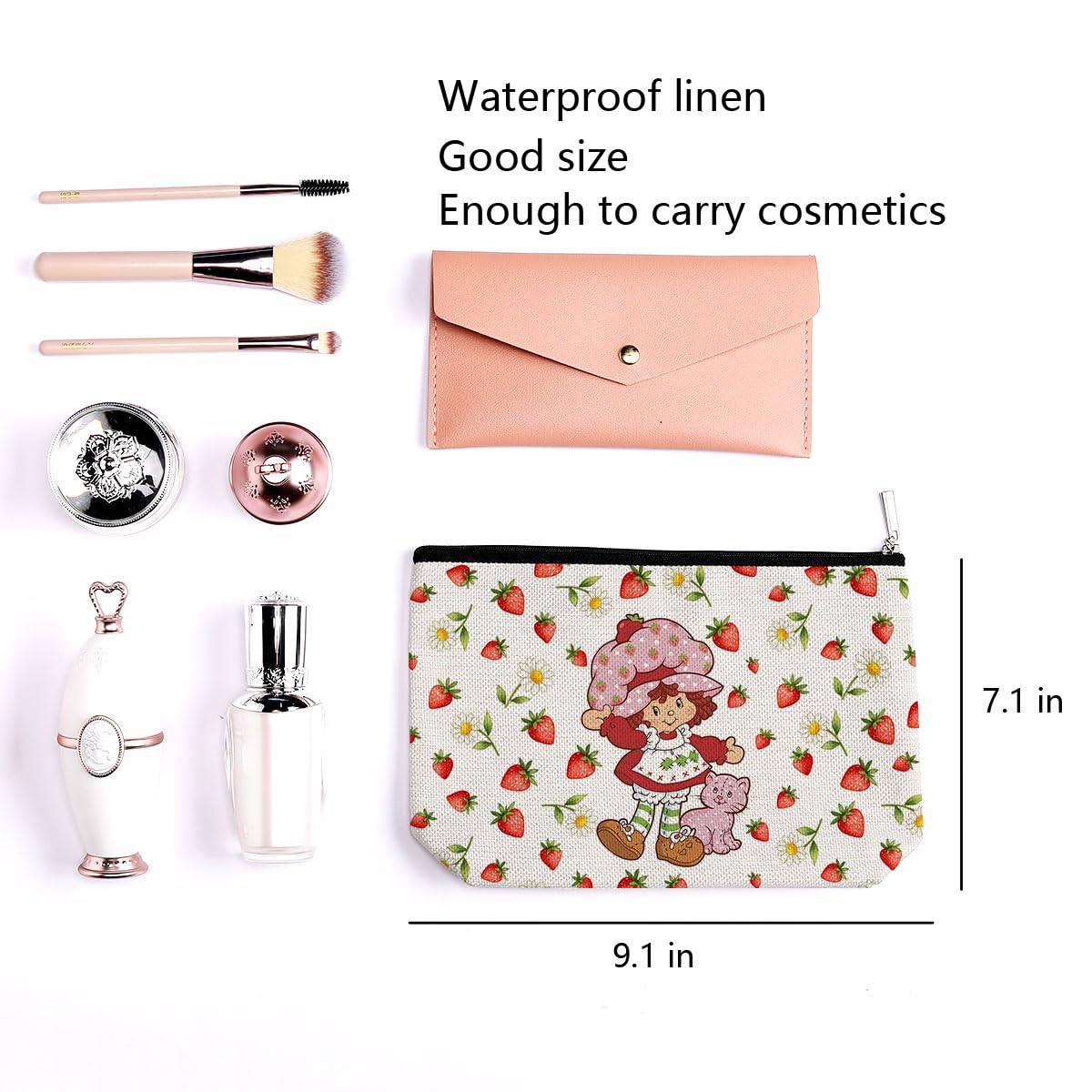 LongXIN Strawberry bag side angle demonstrates spacious interior for makeup and brushes.