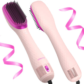 Longyu 3-in-1 hair dryer brush front view, pink design for quick styling.