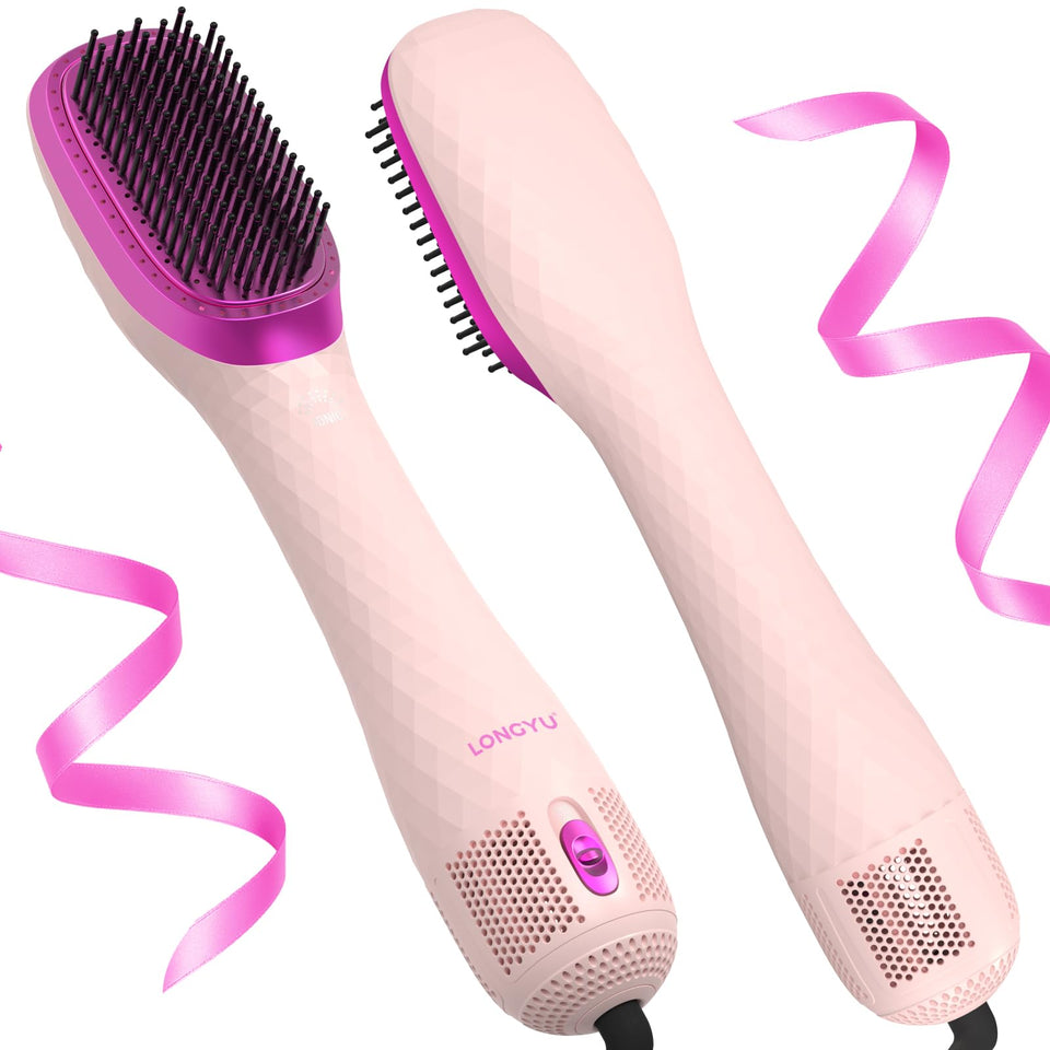 Longyu 3-in-1 hair dryer brush front view, pink design for quick styling.