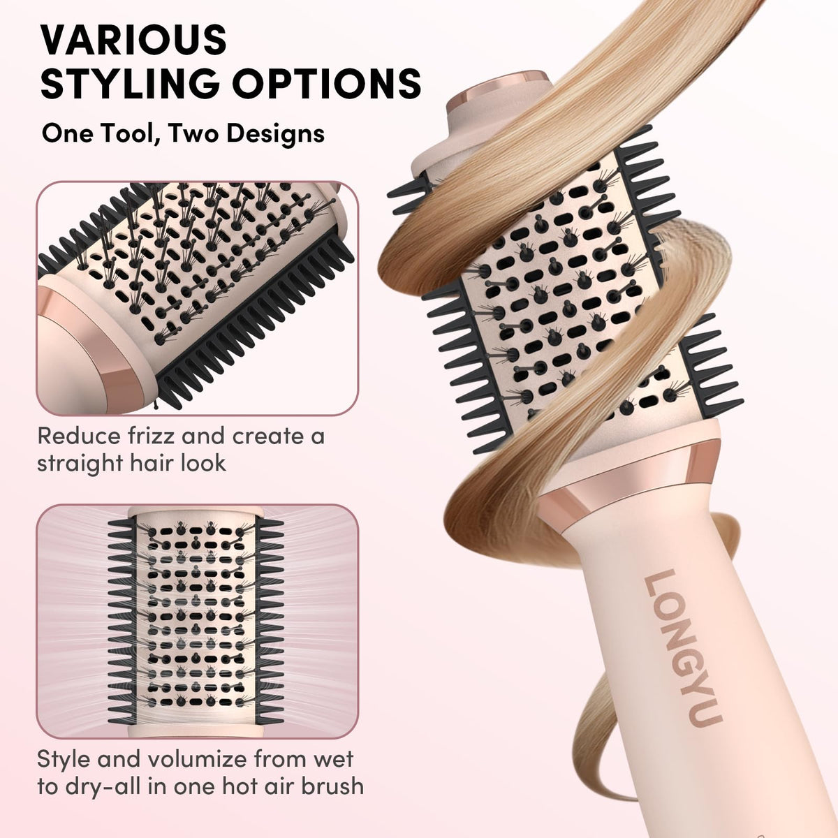 Longyu dual comb bristles illustrate volume boost and detangling options