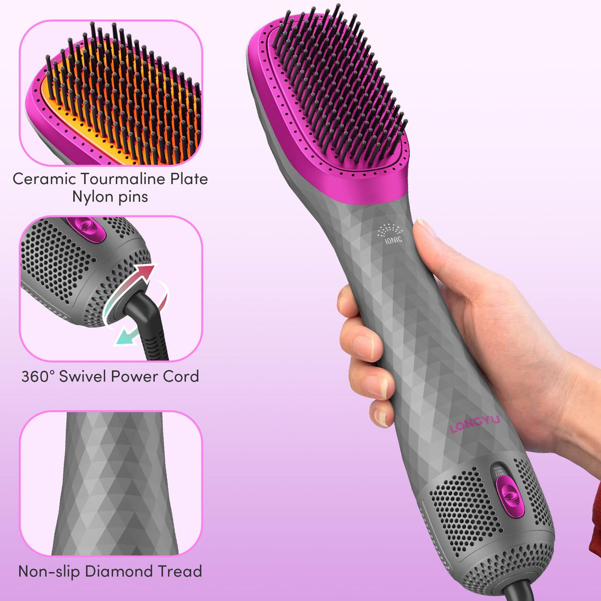 Longyu styling brush with 360° swivel cord for easy maneuvering during styling.