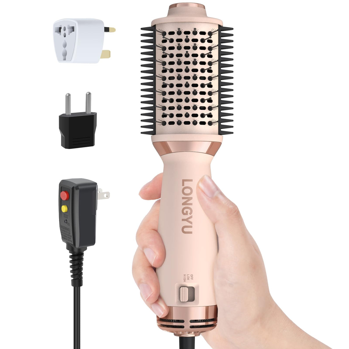 Longyu travel dual voltage hair dryer brush front view for versatile styling on the go