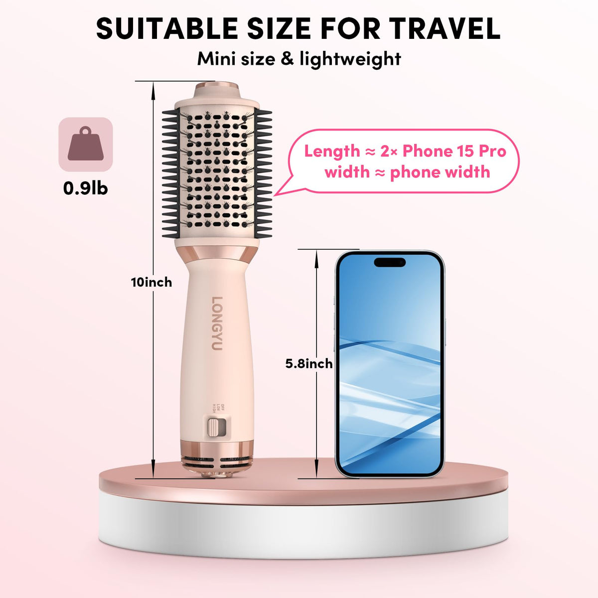 Longyu compact dual voltage brush side view showing ergonomic handle