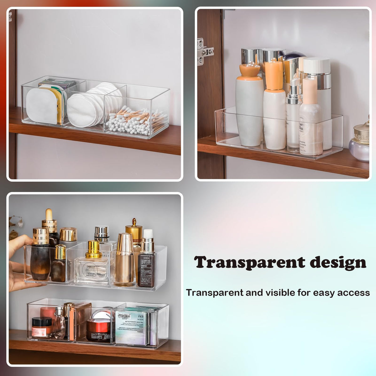 Clear-view acrylic makeup organizers help locate cosmetics quickly.