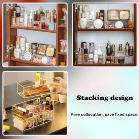 Versatile storage suitable for bathroom counters, vanities, and kitchen spaces.