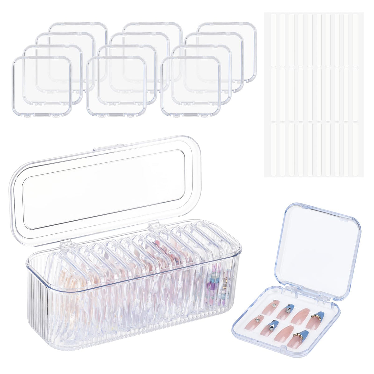LONTOHCE press-on nail organizer with 12 clear cases for quick style selection.