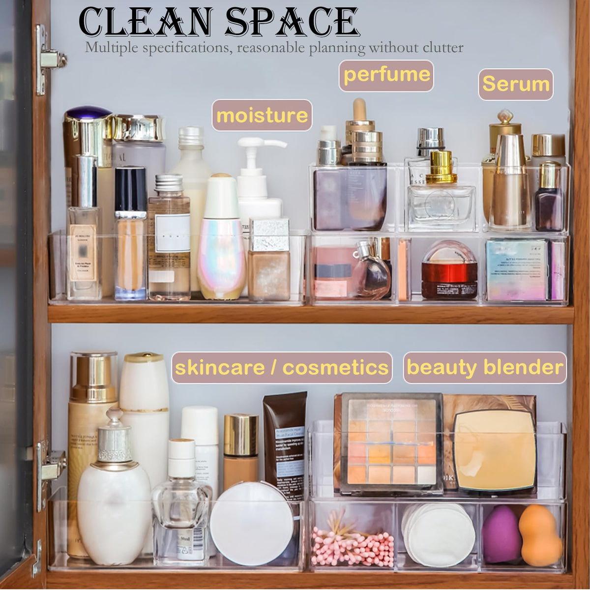 Three-compartment boxes keep brushes, lipsticks, and powders neatly sorted.