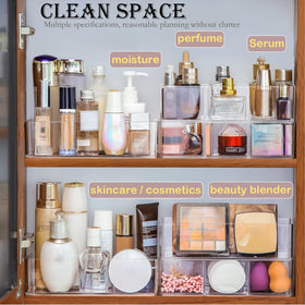 Three-compartment boxes keep brushes, lipsticks, and powders neatly sorted.